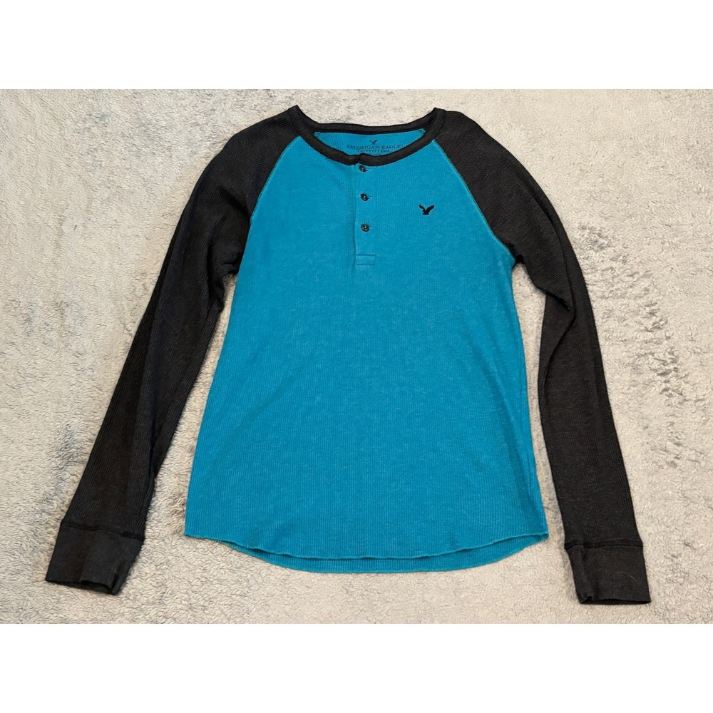 American Eagle Mens Medium Teal Blue Raglan Waffle Knit Henley Thermal Shirt